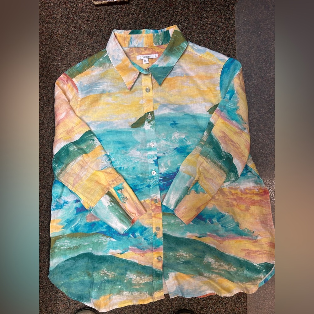 Chico's Colorful Abstract Blouse 100% Linen